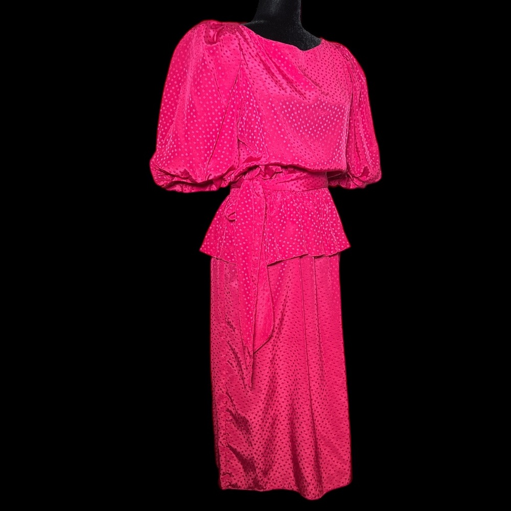 Patty O'Neil - 80's Polka Dot - Peplum - Puffed Shoulders Dress- Size